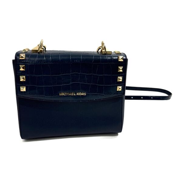 Michael Kors Blue Gold Studs Detail Leather Karla Satchel Crossbody Handbag